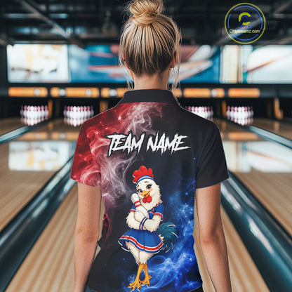 Woman wearing custom American Flag smoke funny rooster bowling polo shirt, back view mockup, personalized bowling league jersey.