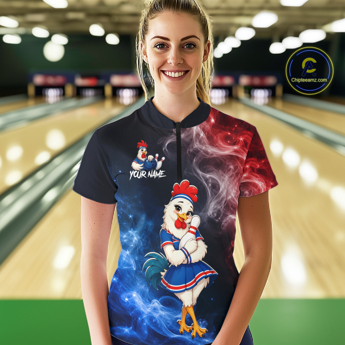 Woman wearing custom American Flag smoke funny rooster bowling 1/4 zip shirt, front view mockup, personalized bowling league jersey.