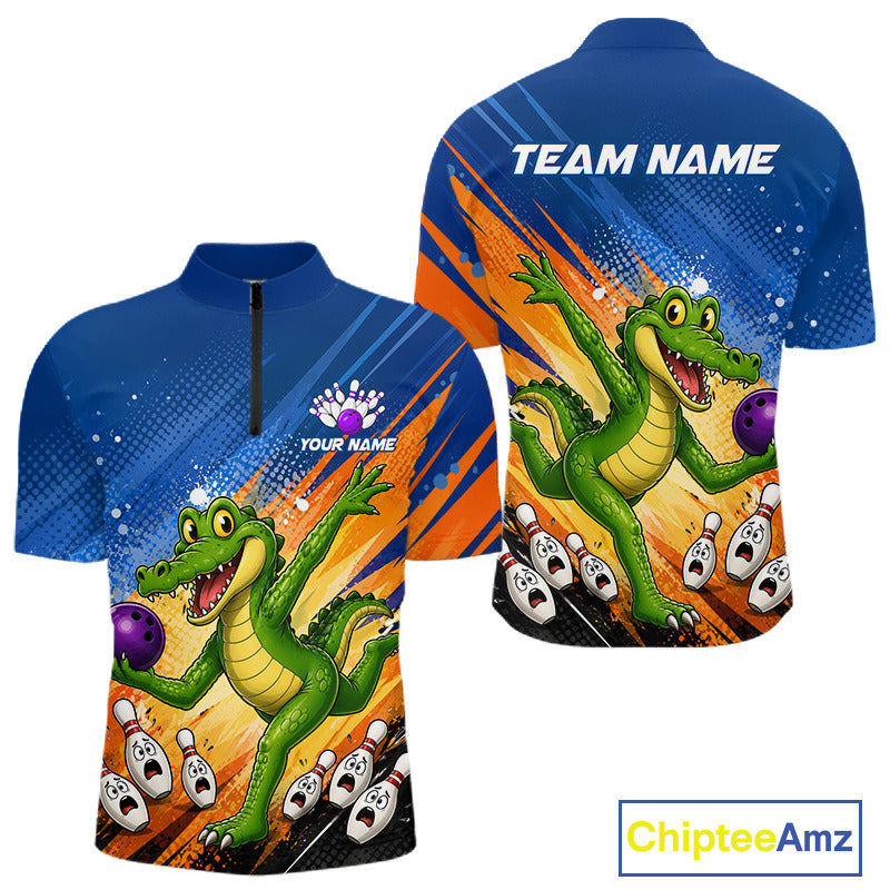 Front and back views of a custom short-sleeve quarter-zip bowling shirt on a white background. The shirt features a vibrant green alligator graphic bowling with purple bowling balls and white bowling pins against a blue and orange abstract background.