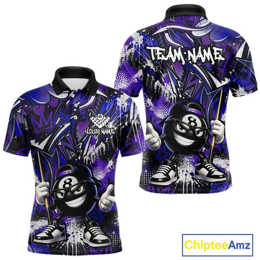 Purple and blue polo shirt with billiard ball design and 'Team Name' text, featuring Chiptee Amz branding.