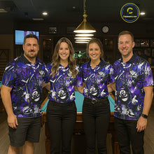 Load image into Gallery viewer, Four people wearing matching purple bowling shirts in a bowling alley.