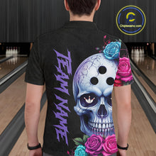 Load image into Gallery viewer, Person wearing a black shirt with a colorful skull and roses design in a bowling alley.