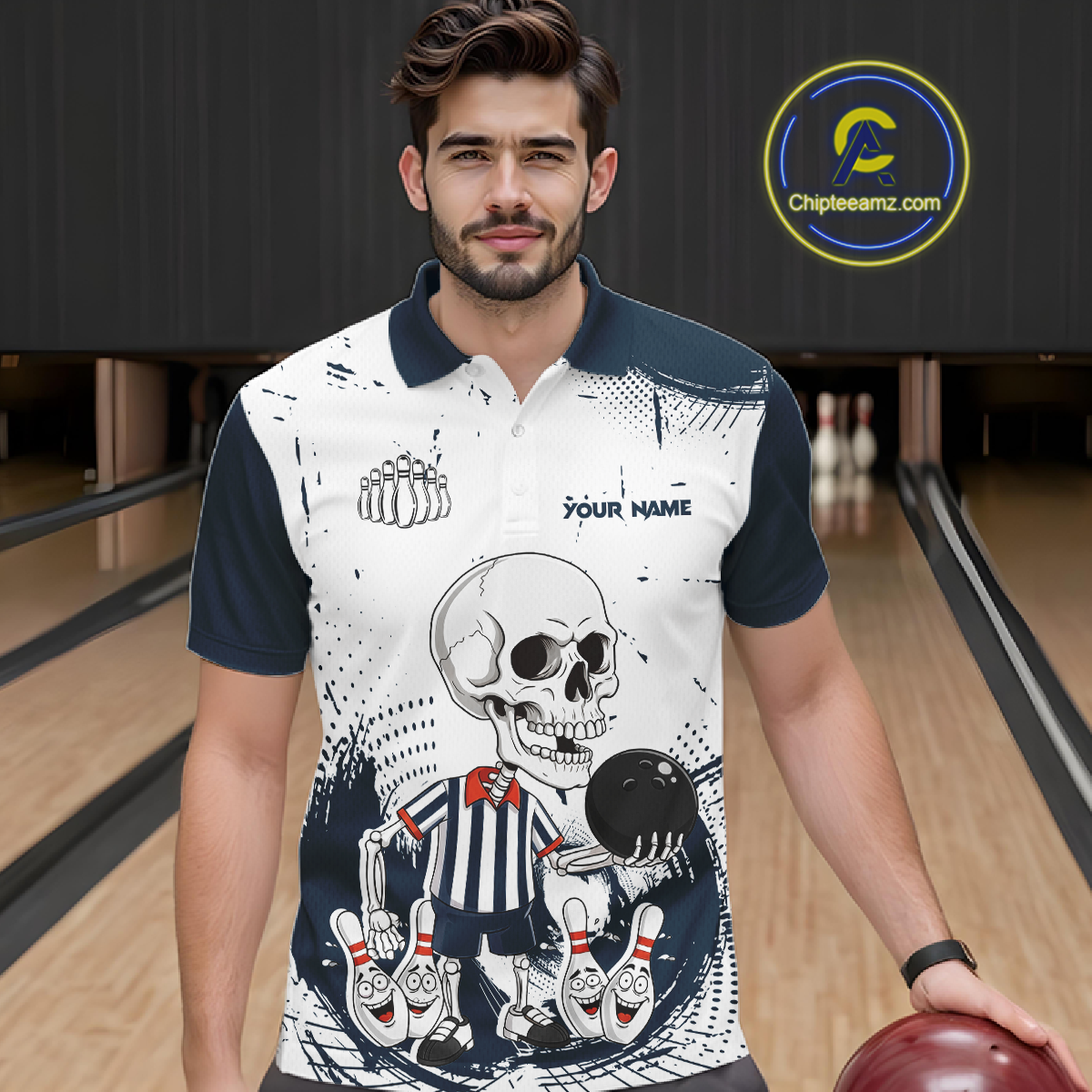 Skeleton Bowling Team Shirt for Men Personalized Funny Bowling Team Jersey Polo & 1/4-Zip QZT818