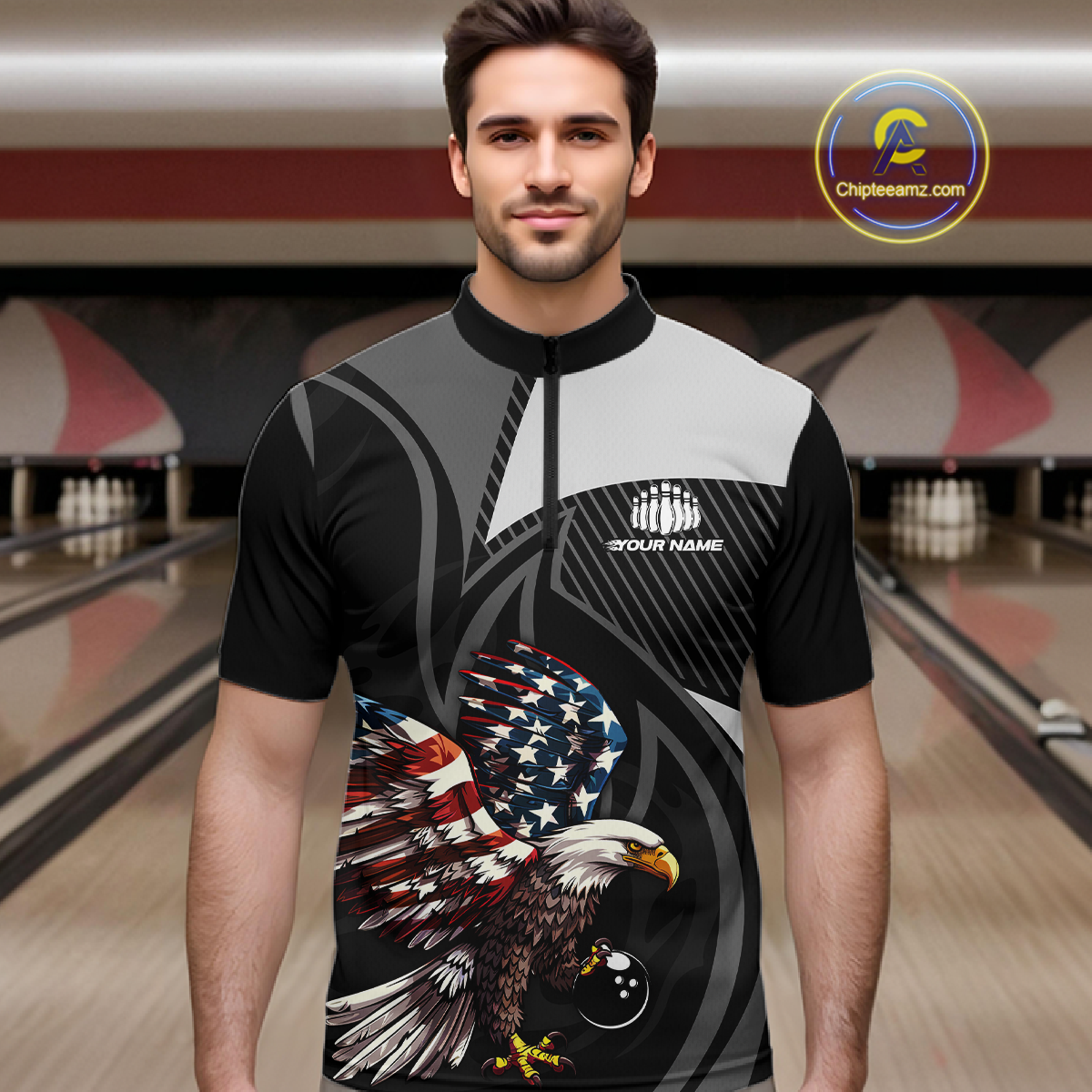 Custom American Flag Eagle Bowling Polo Shirt Quarter-Zip Bowling Jersey for Men QZT819
