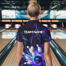 Load image into Gallery viewer, Woman wearing custom Neon DNA  bowling polo shirt, back view mockup with team name design.