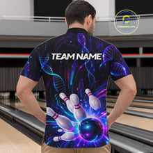 Load image into Gallery viewer, Man wearing custom Neon DNA bowling 1/4 zip shirt, back view mockup, personalized bowling league jersey.