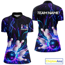 Load image into Gallery viewer, Custom Neon DNA bowling quarter-zip shirt, front and back views, bowling league jersey for women