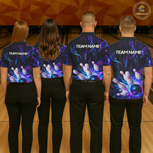 Load image into Gallery viewer, Bowling team wearing custom Neon DNA bowling shirts, group back view mockup with team name design.