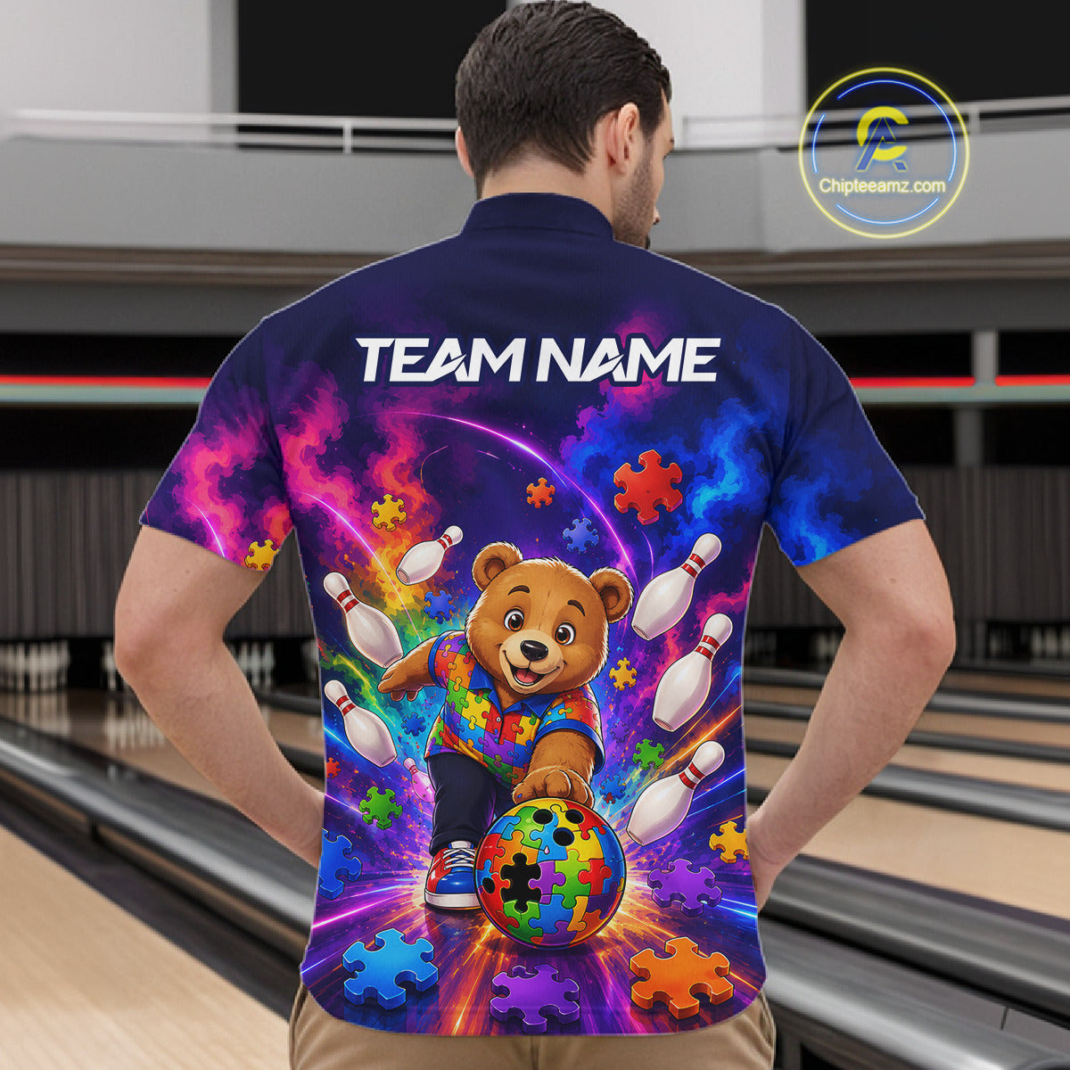 Colorful Autism Bear Bowling Shirt Custom Bowling Jersey League for Men Polo & Quarter-Zip QZT1052