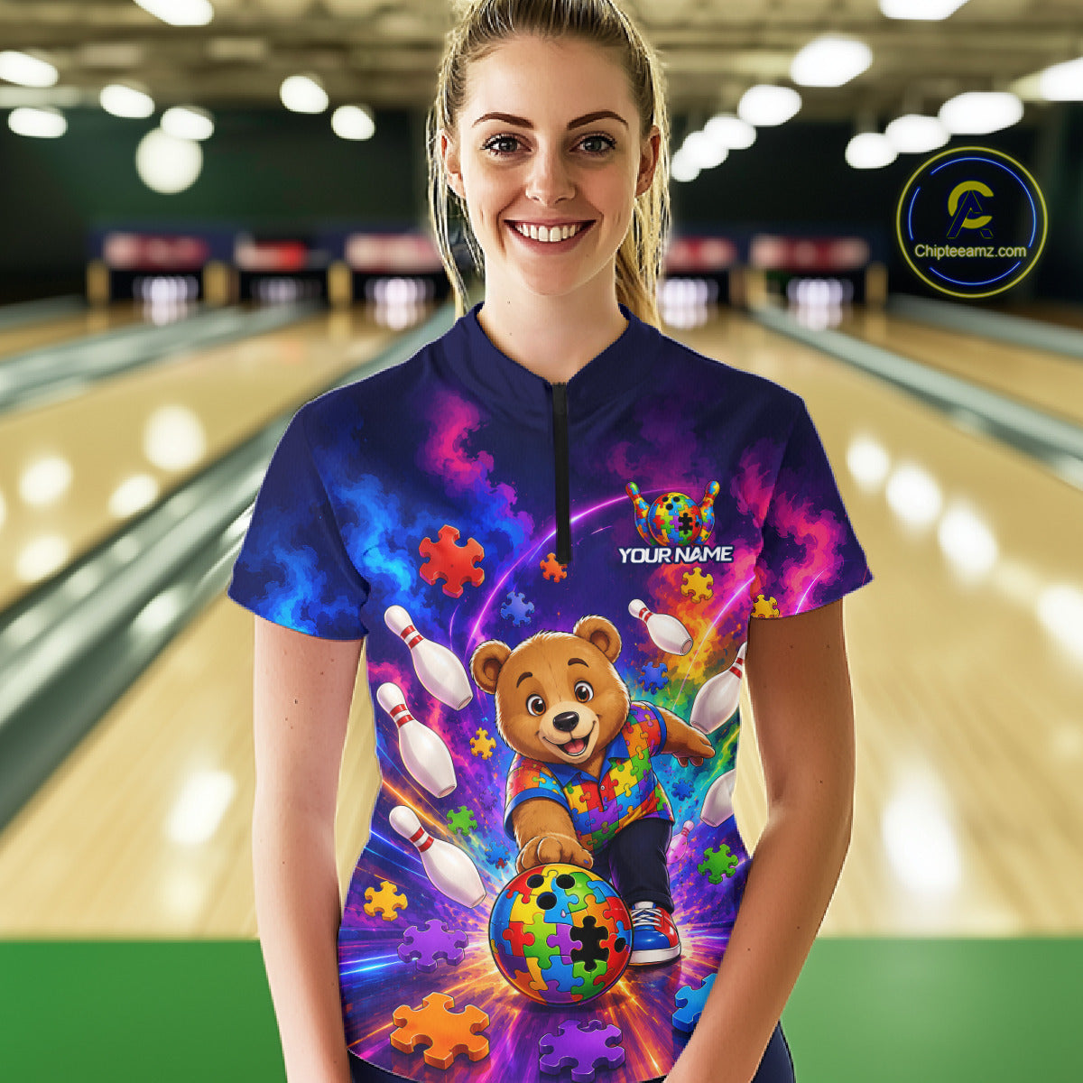 Colorful Autism Bear Bowling Shirt Custom Bowling Jersey League for Women Polo & 1/4-Zip QZT1052
