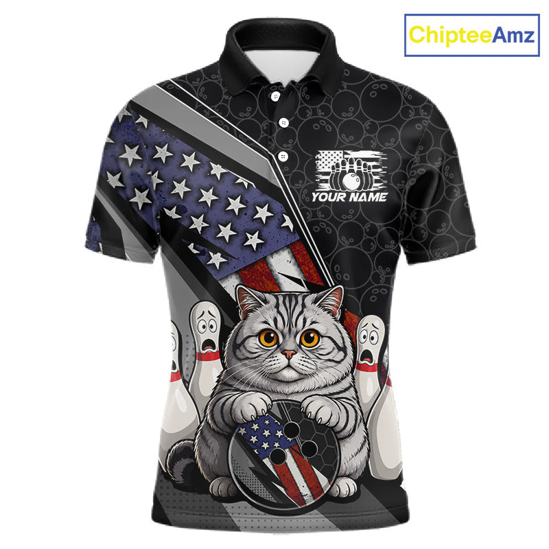 Front view custom black patriotic cat bowling polo shirt featuring a cute cartoon feline, American flag, bowling ball and honeycomb pattern, displaying Your Name and Team Name