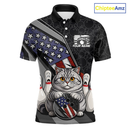 Front view custom black patriotic cat bowling polo shirt featuring a cute cartoon feline, American flag, bowling ball and honeycomb pattern, displaying Your Name and Team Name