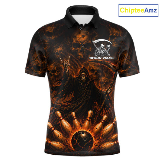 A short-sleeve polo shirt with a dark, fiery graphic print featuring a grim reaper, skulls, bowling pins, and a bowling ball. The shirt has a black collar and a custom placeholder print on the left chest reading 'YOUR NAME' with a grim reaper logo.