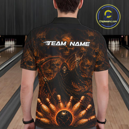 A man viewed from behind wearing a black short-sleeve polo shirt with a large fiery graphic print. The shirt features a grim reaper, skulls, bowling pins, and a bowling ball, with the text 'TEAM NAME' printed across the upper back.