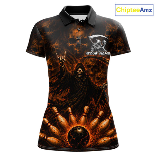 A short-sleeve polo shirt with a dark, fiery graphic print featuring skulls, a grim reaper, bowling pins, and a bowling ball. The shirt has a black collar and includes a customizable name print on the left chest.