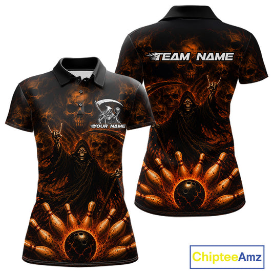 Black short-sleeve polo shirt shown from the front and back, featuring a fiery orange and brown grim reaper design with bowling pins, a bowling ball, and customizable text placeholders.