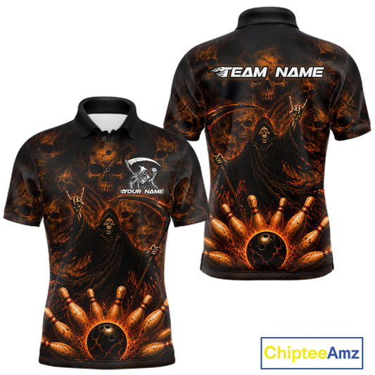 A short-sleeve polo shirt shown from both front and back on a white background. The shirt features a dark, fiery graphic print with a hooded grim reaper, skulls, and bowling pins in orange, brown, and black tones.