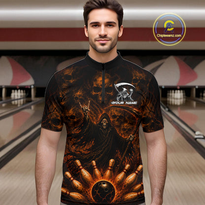 A man wearing a black short-sleeve cycling jersey with a fiery grim reaper graphic and bowling pin details, set against a blurred bowling alley background. 