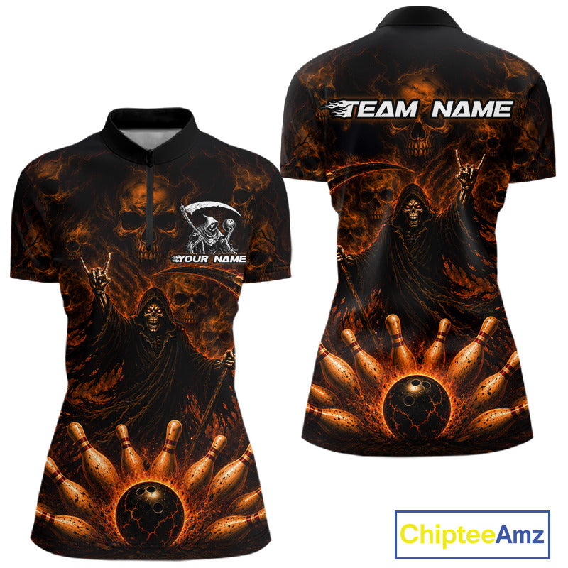 Front and back views of a women's short-sleeve quarter-zip jersey featuring a dark gothic graphic design with a grim reaper, skulls, and bowling pins in fiery orange and black tones. The front has a mock neck, a short zipper placket, and customizable text and logo areas.