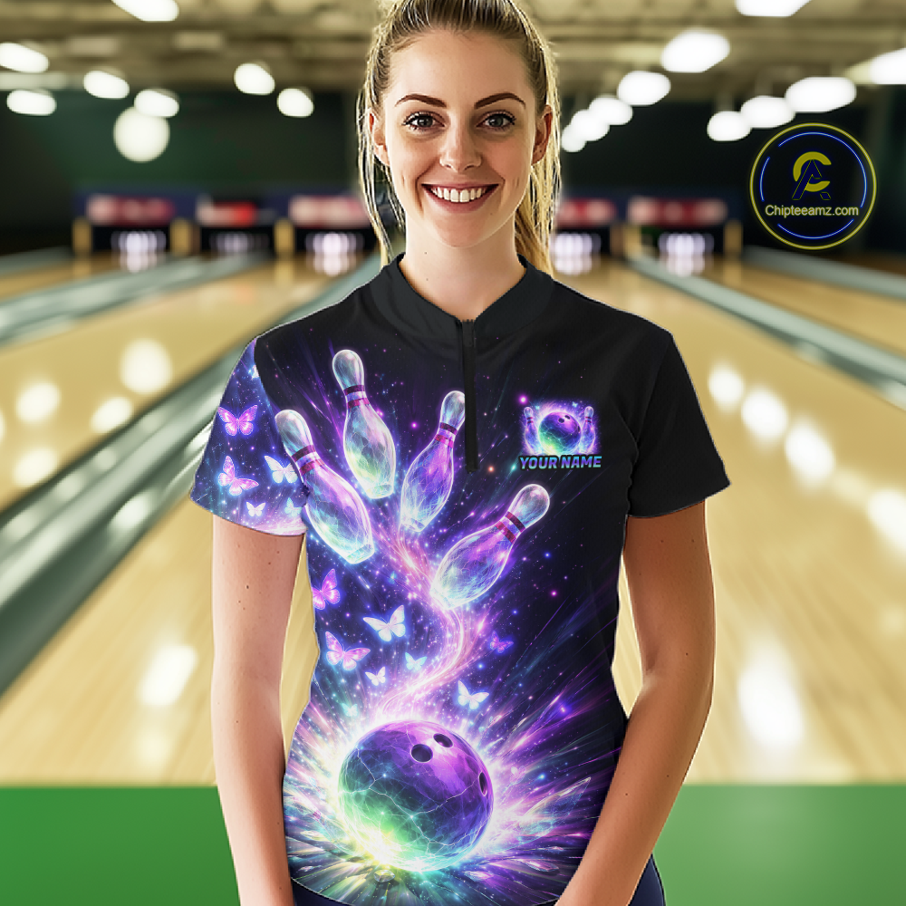 Neon Aurora Bowling Shirt Custom Galaxy Glow Bowling Jersey for Women Polo & Quarter-Zip QZT967