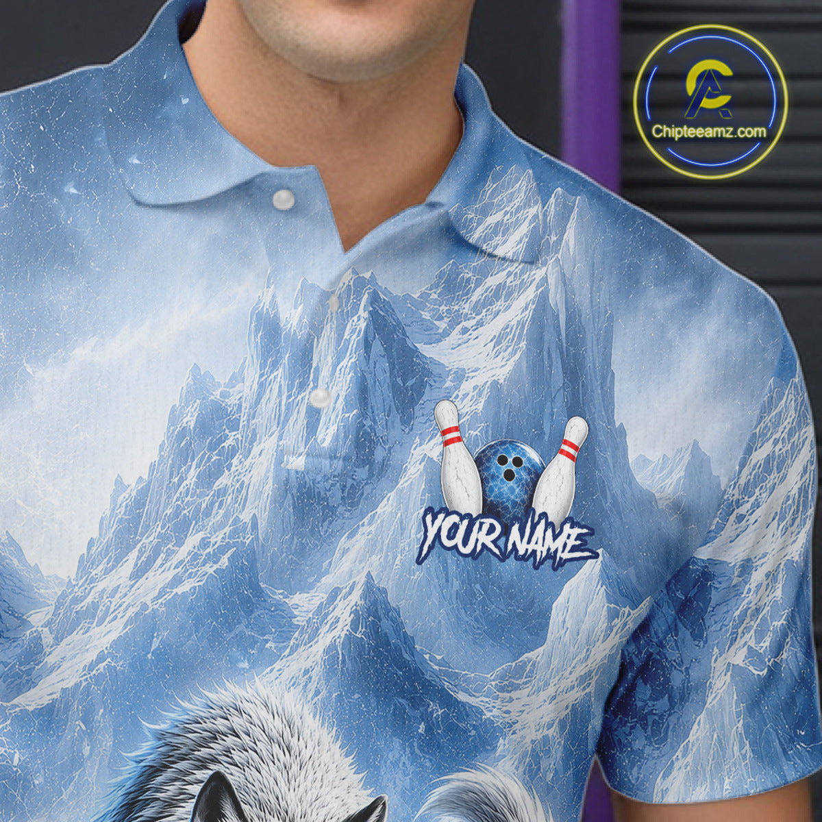 Person wearing a blue mountain-themed shirt with bowling design and 'Your Name' text.
