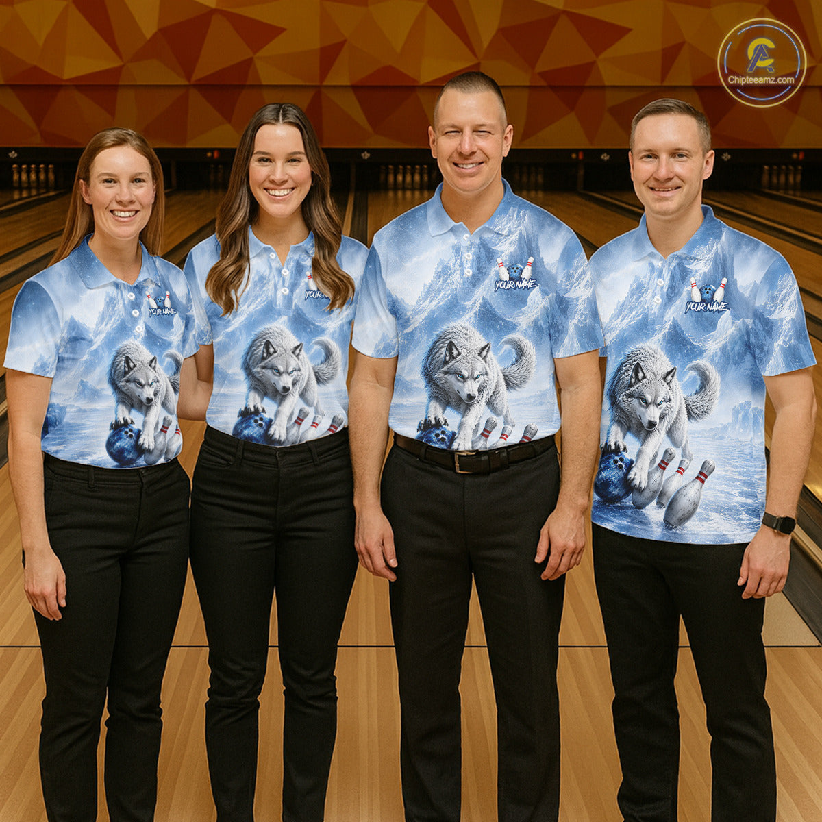 Four people wearing matching blue shirts with wolf graphics in a bowling alley.
