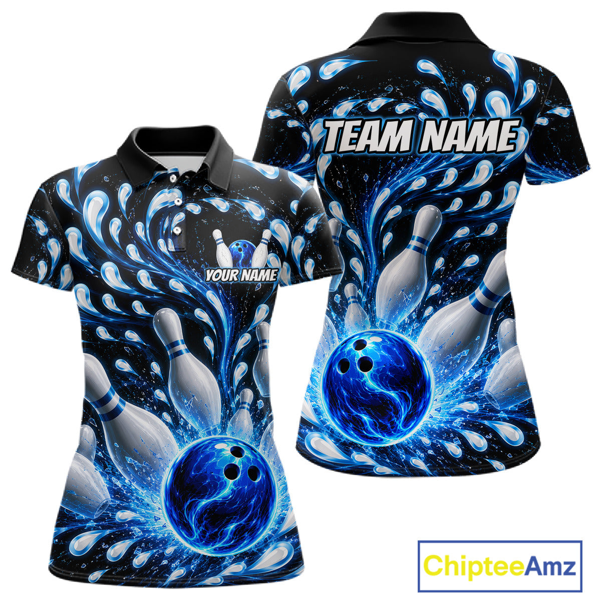 Bowling-themed polo shirt with customizable text on a white background