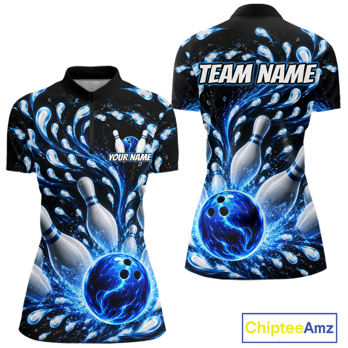 Bowling-themed polo shirt with blue and black design, featuring a bowling ball and pins, with 'Team Name' and 'Your Name' text placeholders.