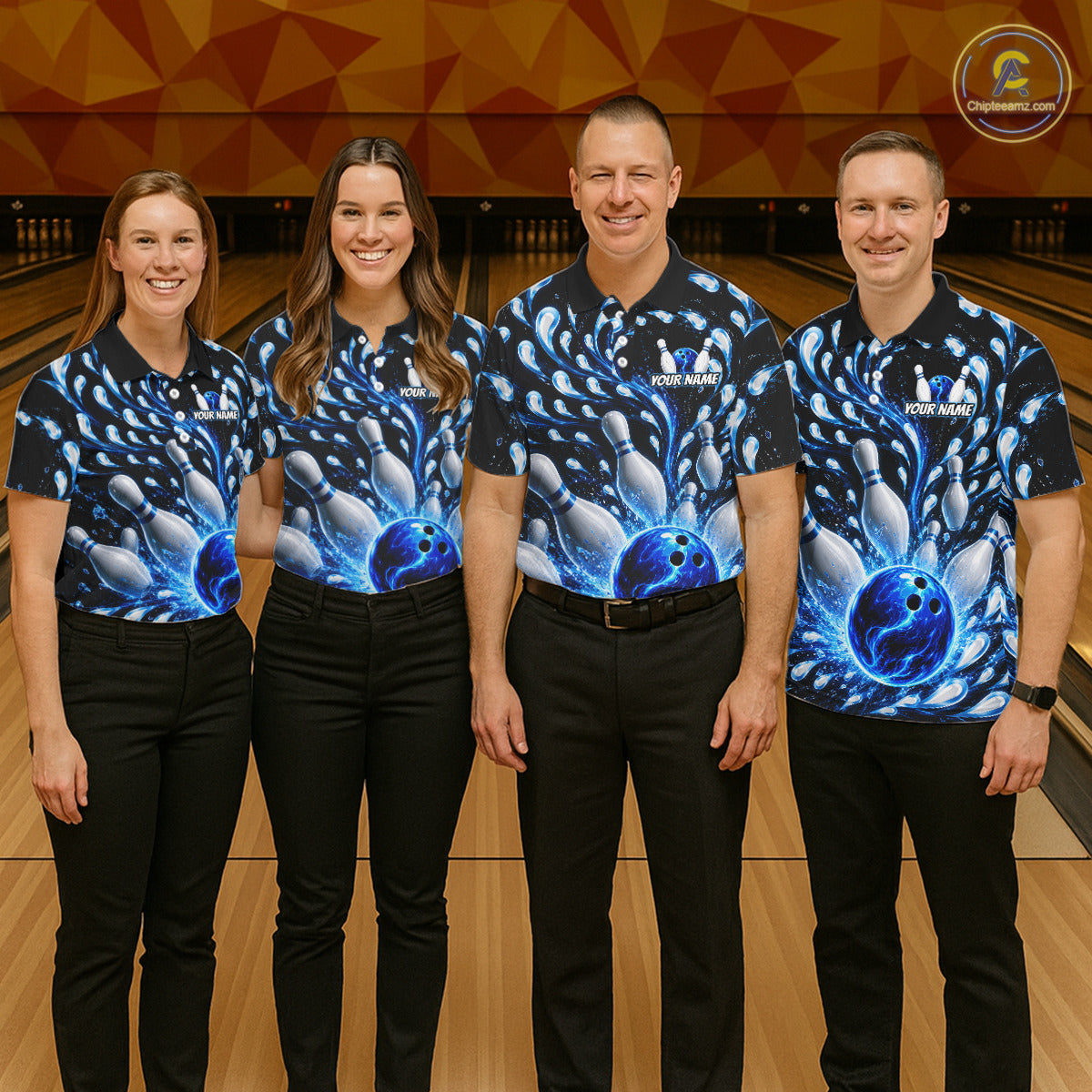 Four people wearing matching bowling team shirts at a bowling alley.