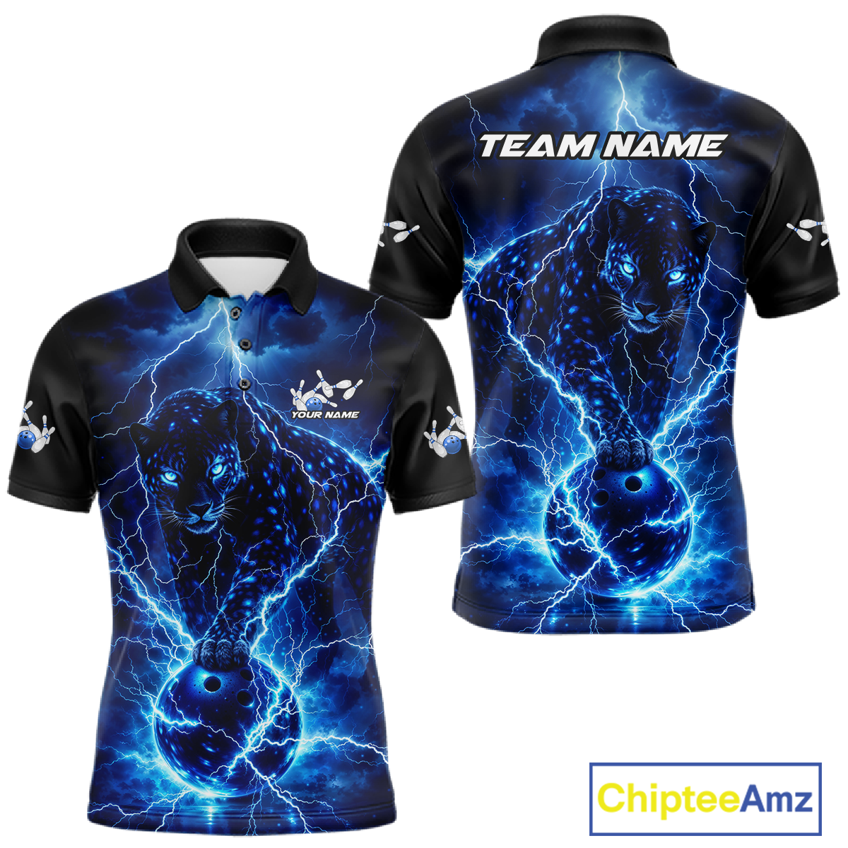 Custom Blue Lightning Thunder Leopard Bowling Shirt Polo & 1/4 Zip Bowling League for Women QZT833