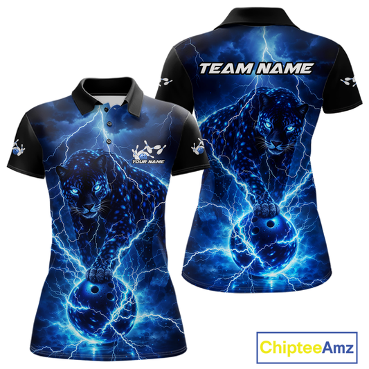 Custom Blue Lightning Thunder Leopard Bowling Shirt Polo & 1/4 Zip Bowling League for Men QZT833