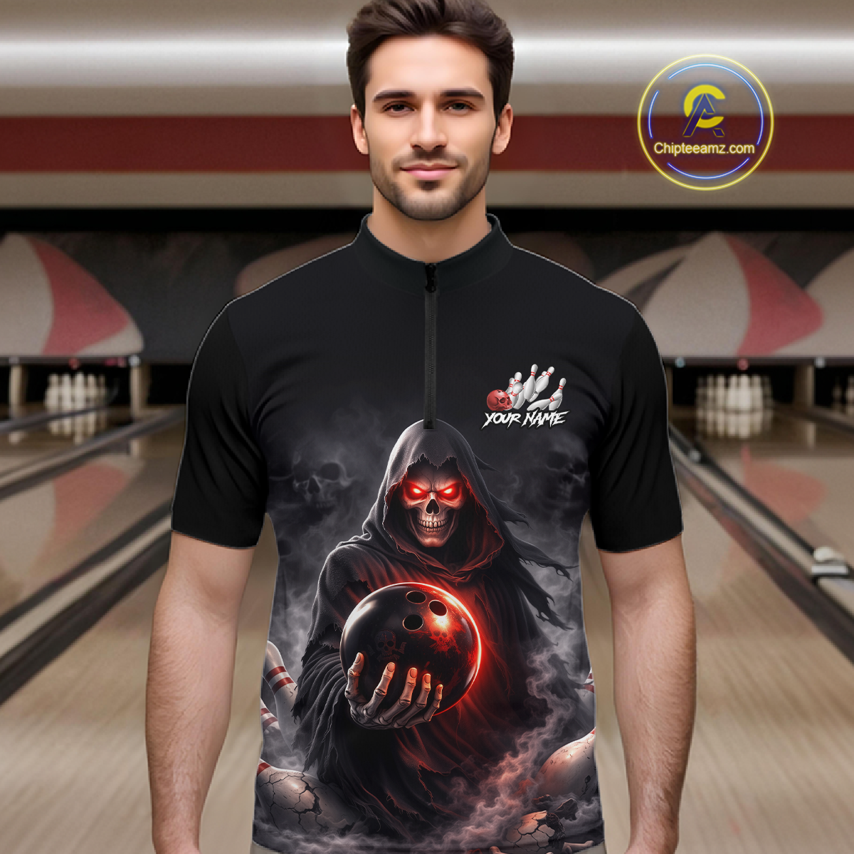 Personalized Grim Reaper Bowling Team Shirt for Men Bowling Jersey Polo & 1/4-Zip Bowling Outfit QZT881