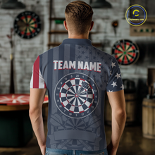 Load image into Gallery viewer, Back view of a male model showing off a retro style custom darts shirt with a large dartboard and red 'TEAM NAME' printed across the shoulders.