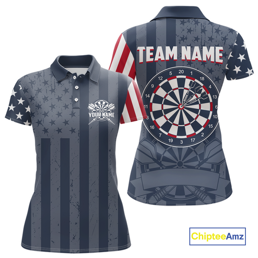 Front and back views of a custom vintage grey darts polo shirt for women, featuring asymmetric American flag sleeves, a large dartboard graphic, and personalized text.