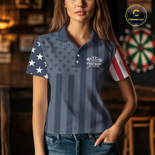 Load image into Gallery viewer, Female model wearing a personalized darts polo shirt with distressed stars, vertical stripes, and a red and white striped left sleeve.