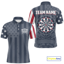 Load image into Gallery viewer, Front and back views of a custom vintage grey darts polo shirt, featuring asymmetric American flag sleeves, a large dartboard graphic, and personalized text.