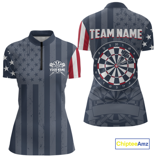 Front and back views of a custom quarter-zip darts shirt for women, featuring a distressed American flag pattern, large dartboard graphic, and personalized 'YOUR NAME' and 'TEAM NAME'.