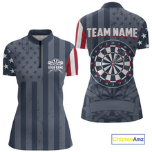 Load image into Gallery viewer, Front and back views of a custom quarter-zip darts shirt for women, featuring a distressed American flag pattern, large dartboard graphic, and personalized 'YOUR NAME' and 'TEAM NAME'.
