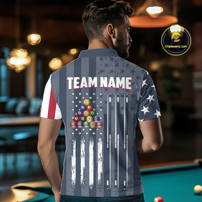 Custom American Flag Billiard Team Shirts for Men Patriotic Billiard Jersey Polo & 1/4 Zip Pool Shirt BHT24