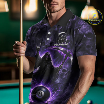 Man wearing a custom polo shirt with a purple design holding a pool cue on a billiards table.