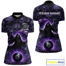 Load image into Gallery viewer, Purple-themed shirt with a ghost and 8-ball design, featuring 'Team Name' text on the back.