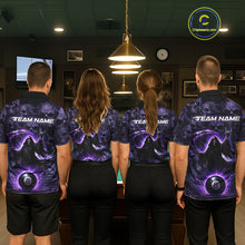 Load image into Gallery viewer, Four people wearing matching purple billiard shirts with 'Team Name' printed on the back in a pool hall.