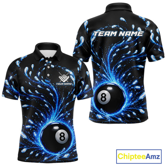 Black polo shirt with blue abstract design and 8-ball, customizable text on a white background