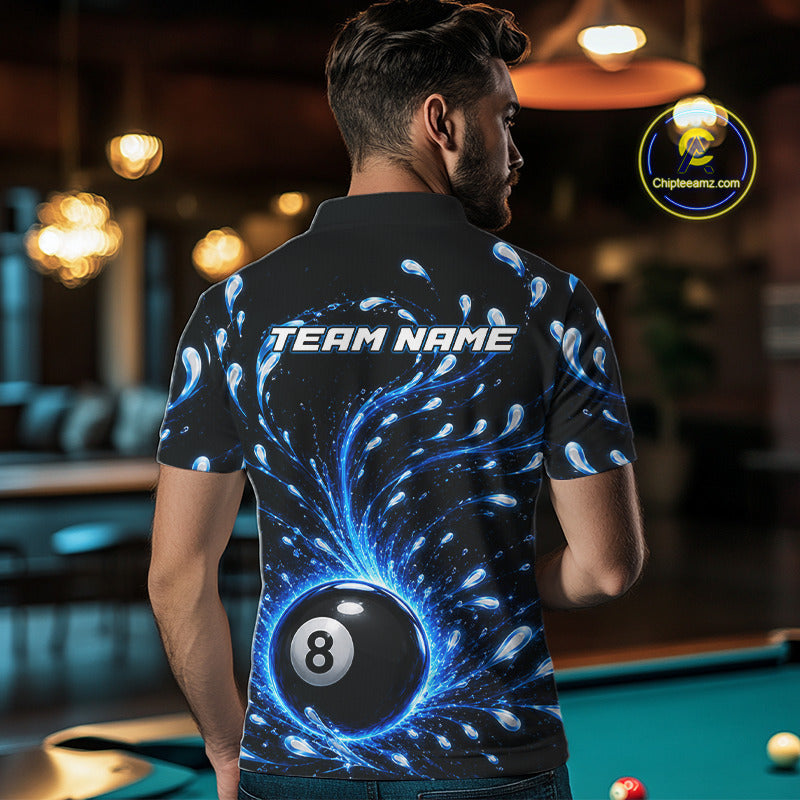 Man wearing a black shirt with a pool ball design and 'Team Name' text in a billiards hall.