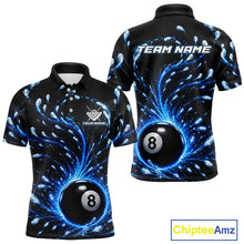 Load image into Gallery viewer, Black polo shirt with blue abstract design and 8-ball, customizable text on a white background
