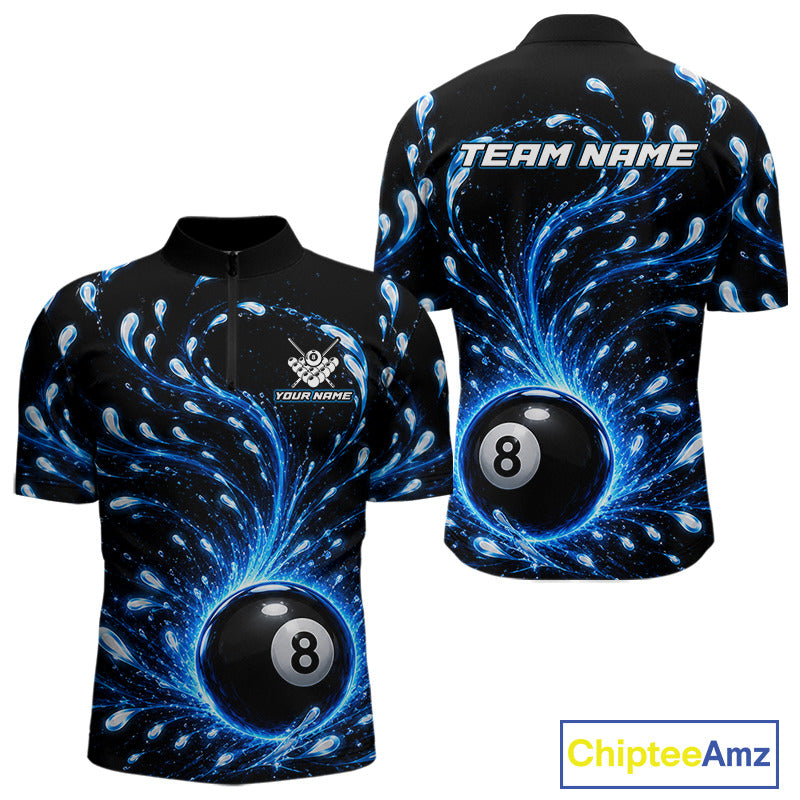 Black and blue sports jersey with 8-ball design and 'Team Name' text on a white background.