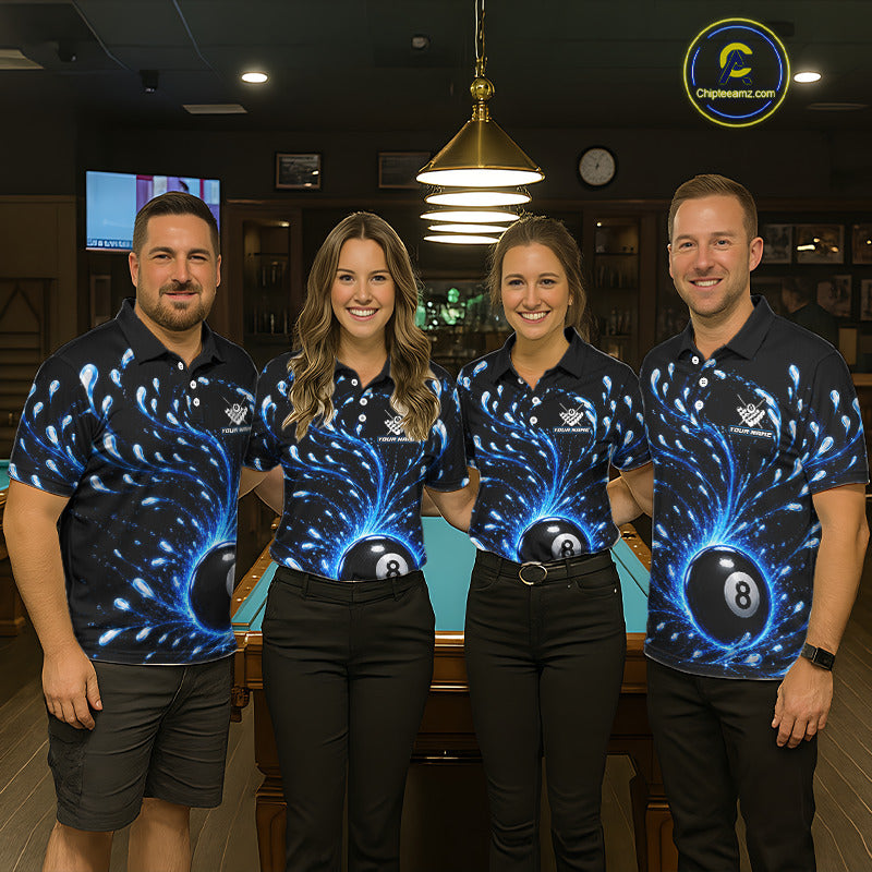 Four people wearing matching polo shirts with a pool ball design in a bar setting.