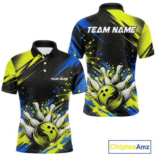 Custom short-sleeve polo shirt shown from the front and back, featuring a bowling theme with a bowling ball and pins graphic, yellow and blue paint splatters, and customizable text placeholders 'YOUR NAME' and 'TEAM NAME'.