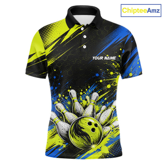 A short-sleeve polo shirt with a bowling-themed graphic print. The design features a black upper chest and shoulders with neon yellow halftone patterns, a blue and yellow abstract splash pattern on the lower body, and a graphic of bowling pins and a bowling ball at the bottom.