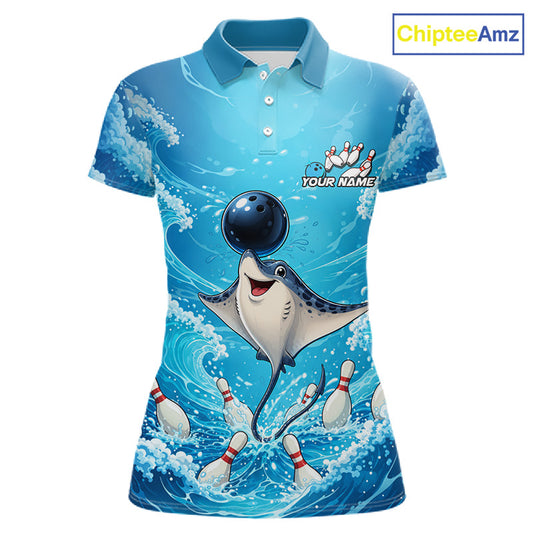 A short-sleeve polo shirt with a vibrant blue ocean and bowling theme, featuring a cartoon stingray bowling with bowling pins and a black bowling ball. The shirt has a custom name placeholder 'YOUR NAME' and a logo for 'ChipteeAmz' in the top right corner.
